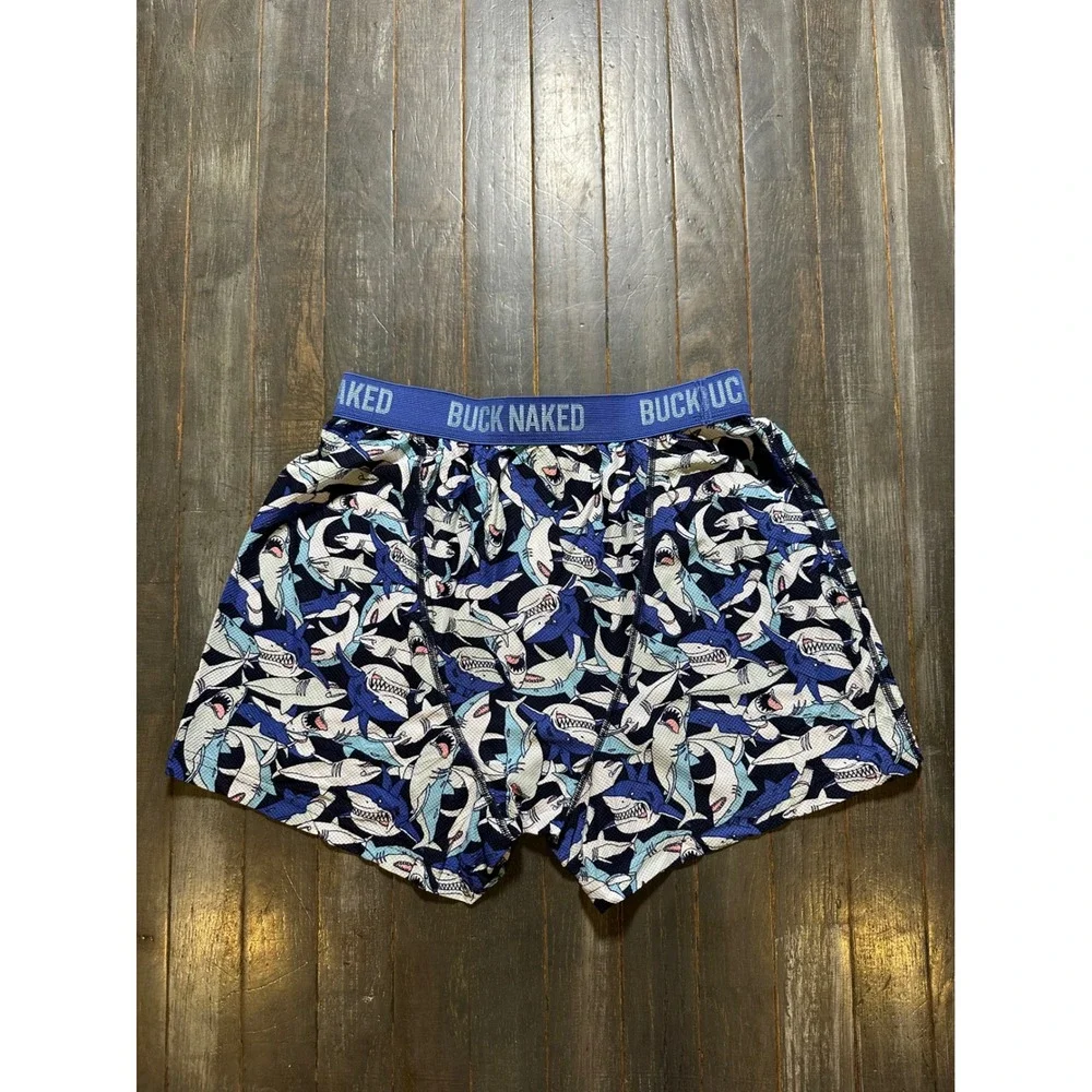 Duluth Trading Co Buck Naked Boxer Briefs Mens Blue Shark Print Performance Mesh